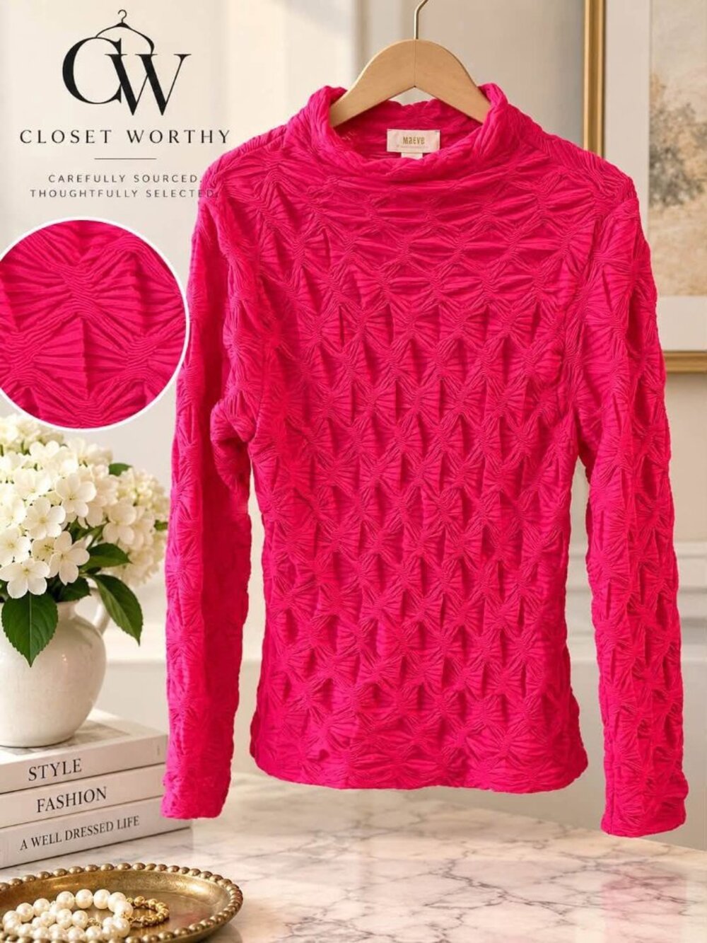 Maeve Anthropologie Fuchsia Textured Mock Neck Long Sleeve Top, Size L